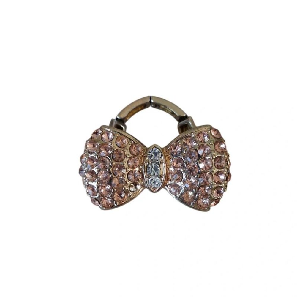 Gold Tone Metal Pink Clear Rhinestone Encrusted Bow Shape Elastic Statement Ring